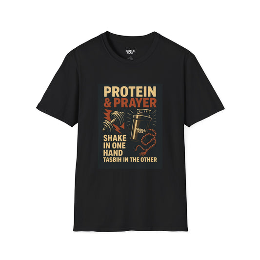 Unisex T-Shirt – Protein & Prayer. Shake in One Hand. Tasbih in the Other.