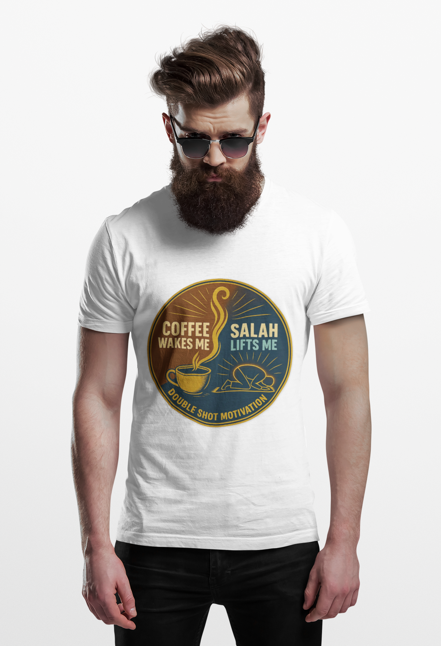 Unisex T-Shirt – Coffee Wakes Me. Salah Lifts Me. Double Shot Motivation.
