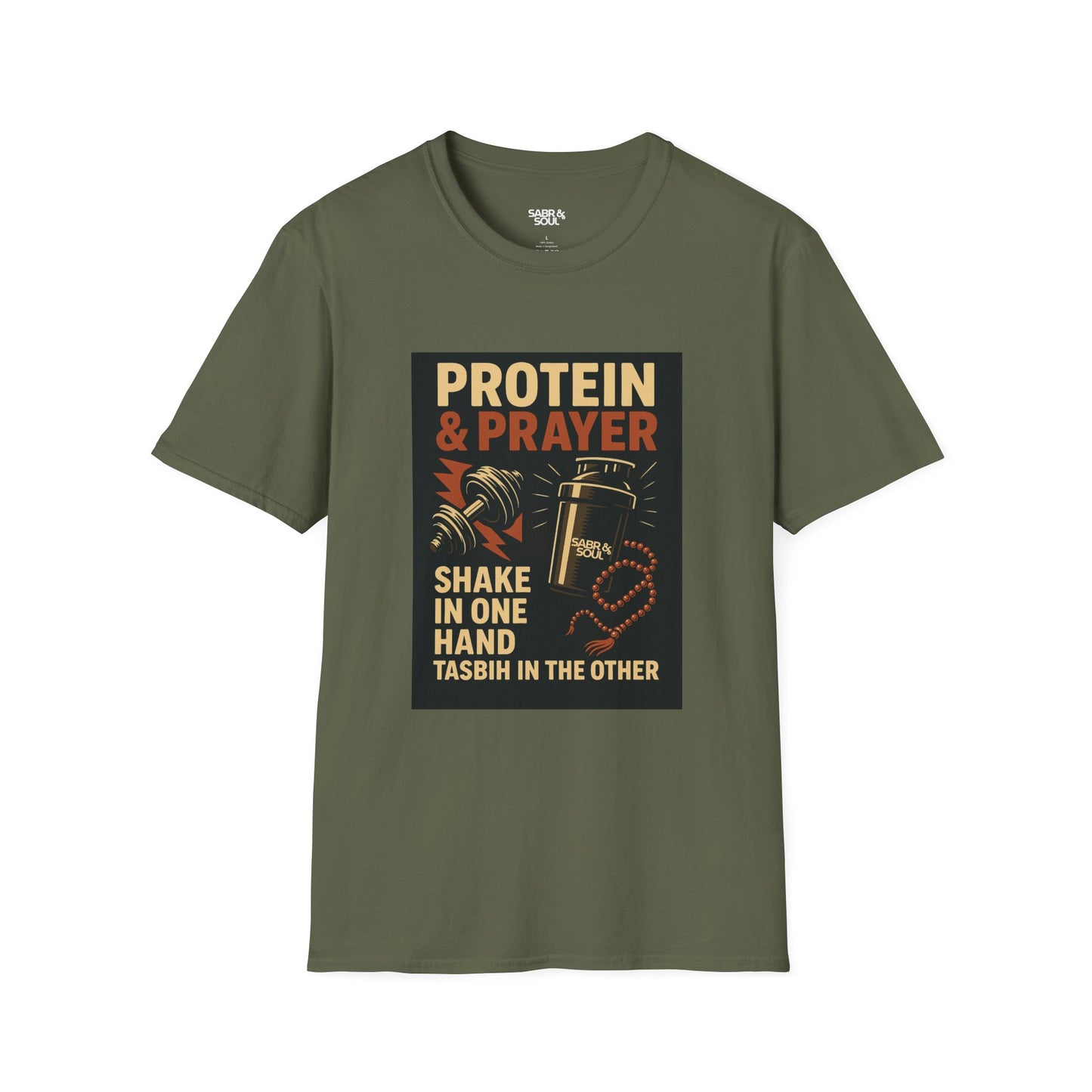 Unisex T-Shirt – Protein & Prayer. Shake in One Hand. Tasbih in the Other.