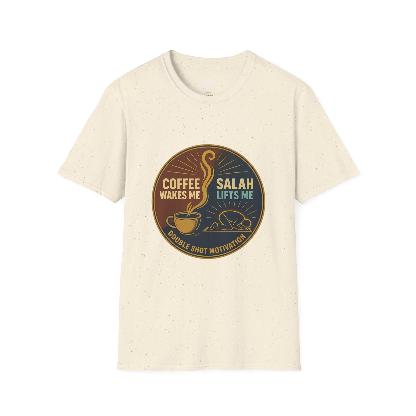 Unisex T-Shirt – Coffee Wakes Me. Salah Lifts Me. Double Shot Motivation.