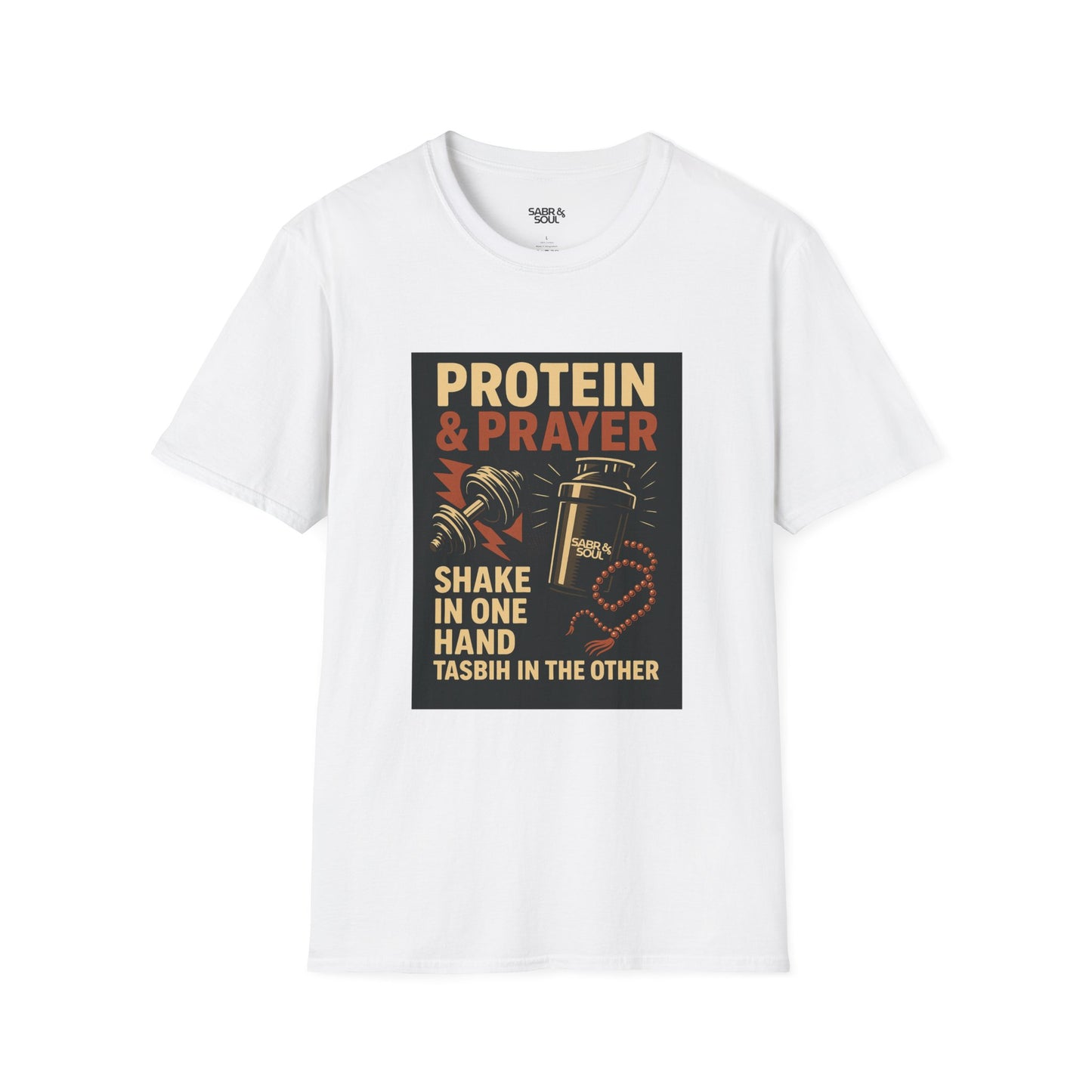 Unisex T-Shirt – Protein & Prayer. Shake in One Hand. Tasbih in the Other.