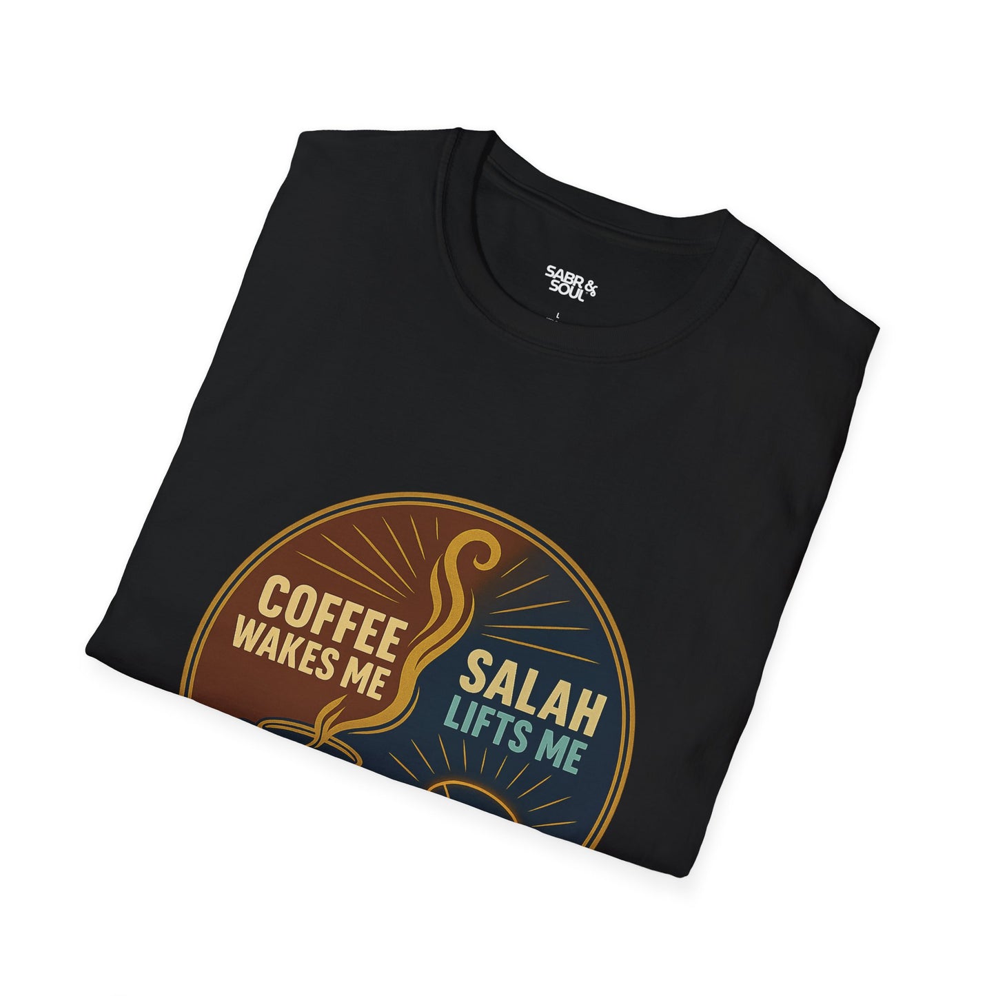Unisex T-Shirt – Coffee Wakes Me. Salah Lifts Me. Double Shot Motivation.